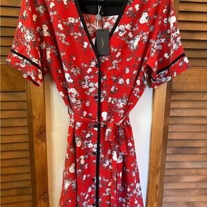 Rag & Bone Red floral midi dress w/black trim and tie waist